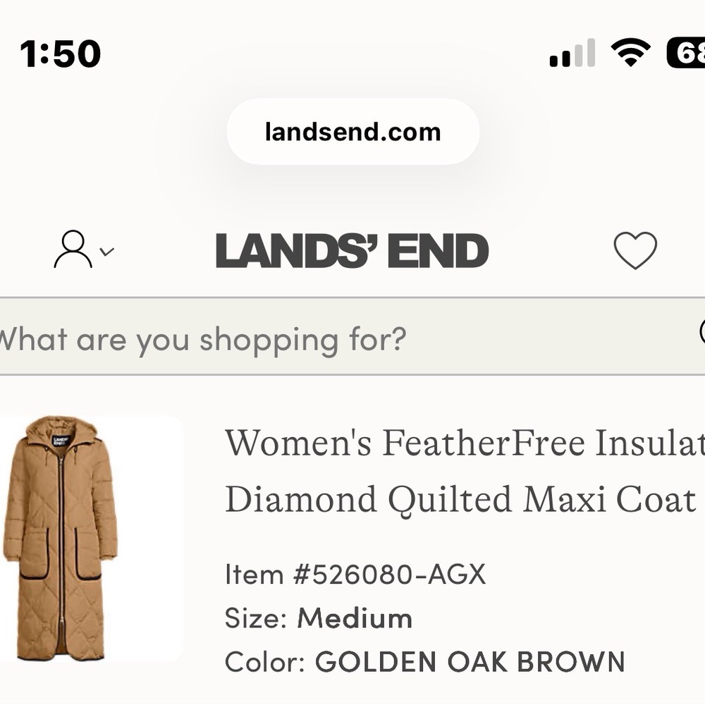 Landsend Women's FeatherFree Insulated
Diamond Quilted Maxi Coat